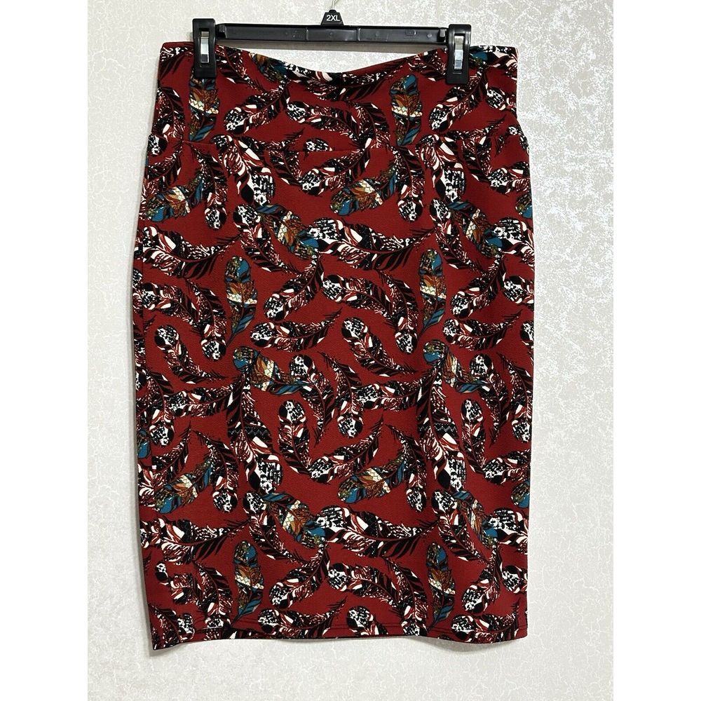 Lularoe Cassie Pencil Skirt Knee Length Stretch Burgundy Red Feather Print L